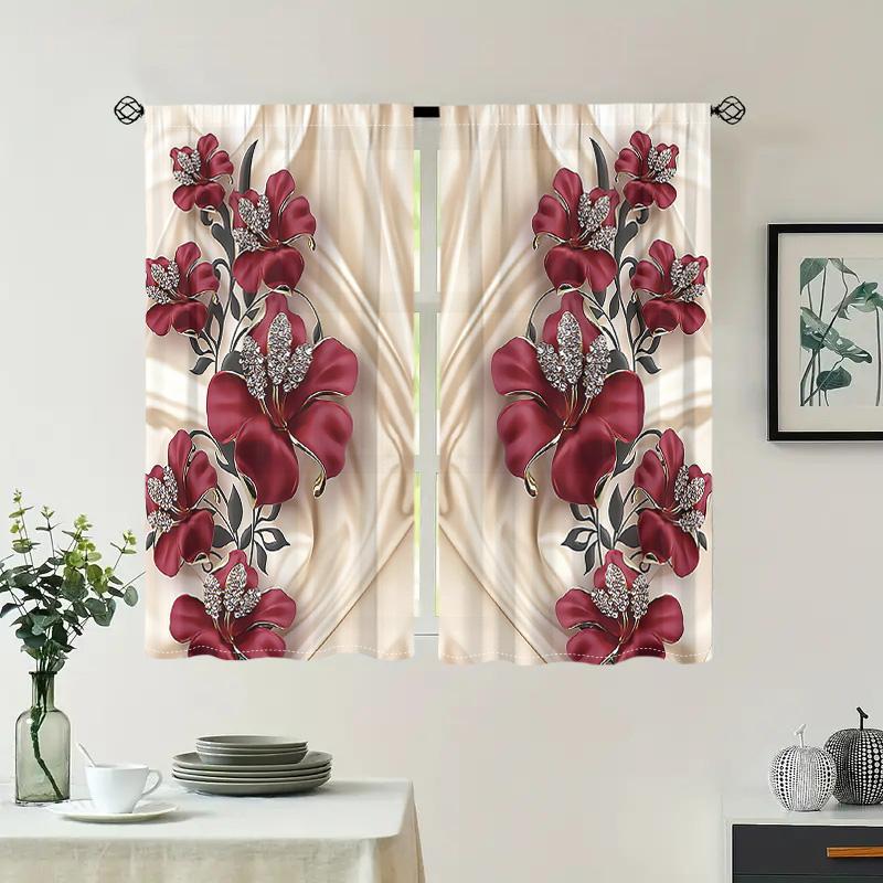 2 Pieces, Red Floral Silky Background Curtains -30% Blackout - Suitable for Living Room, Bedroom and Home Decoration