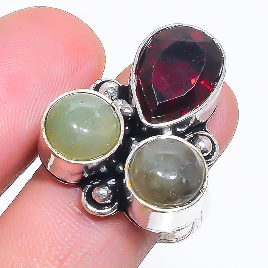 Natürlicher Granat, Labradorit 925er Sterlingsilber Schmuckring Größe 8 AR-16711