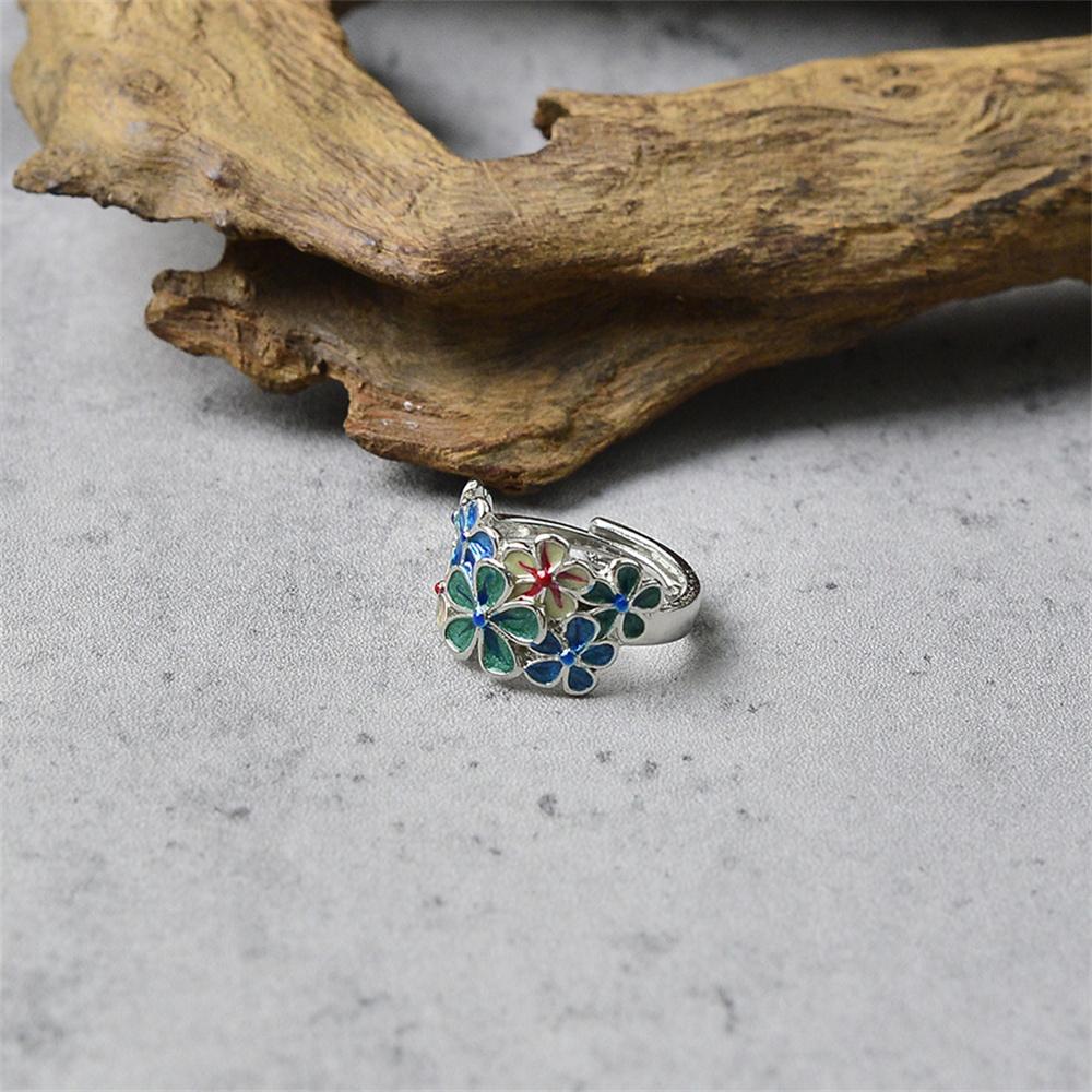 Creative Retro Exquisite Enamel Colorful Flower Opening Adjustable Ring Niche Ethnic Style Classical Gift