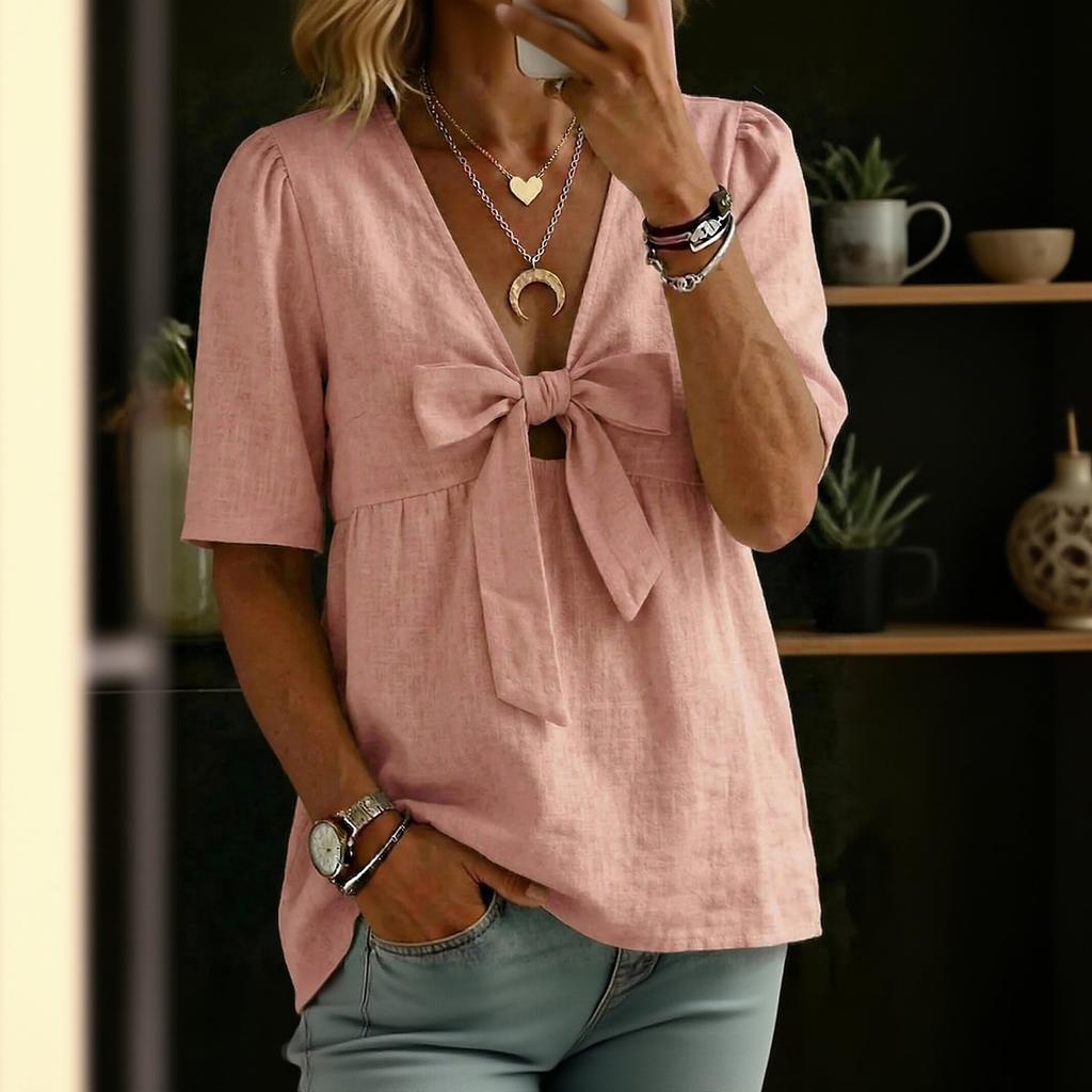 Women's Short-sleeved -color V-neck Stylish Top