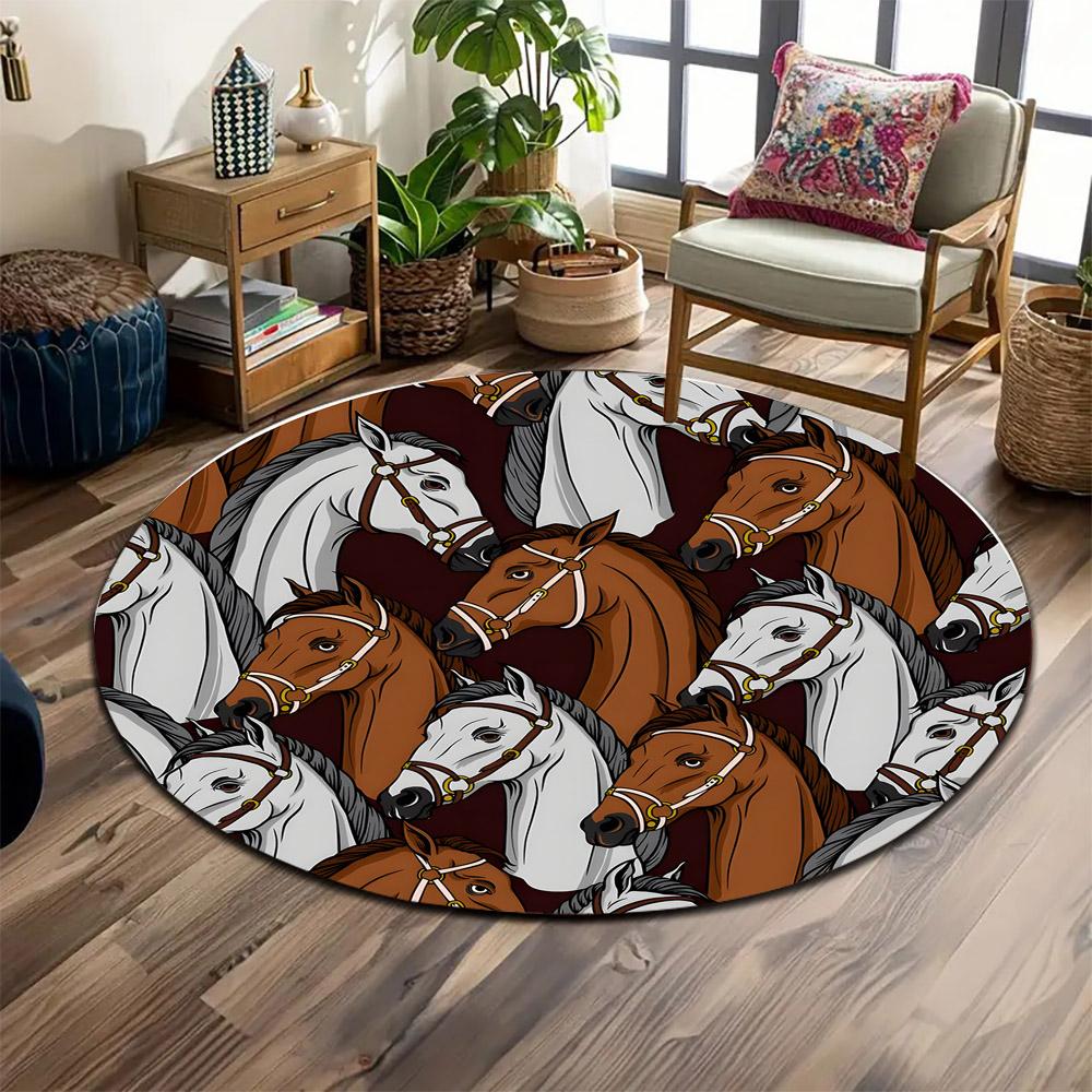 Elegant Horse Pattern Design Print round rug, living room, bedroom, playroom carpet, non slip floor mat, gift