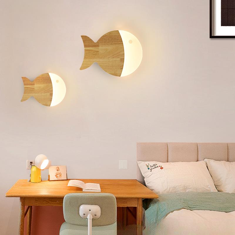 Nordic Wall Lamp Modern Simple for Boy Girl Children's Rooms Bedrooms Bedside Lamp Creative and Personalized Oak Fish LED Lights