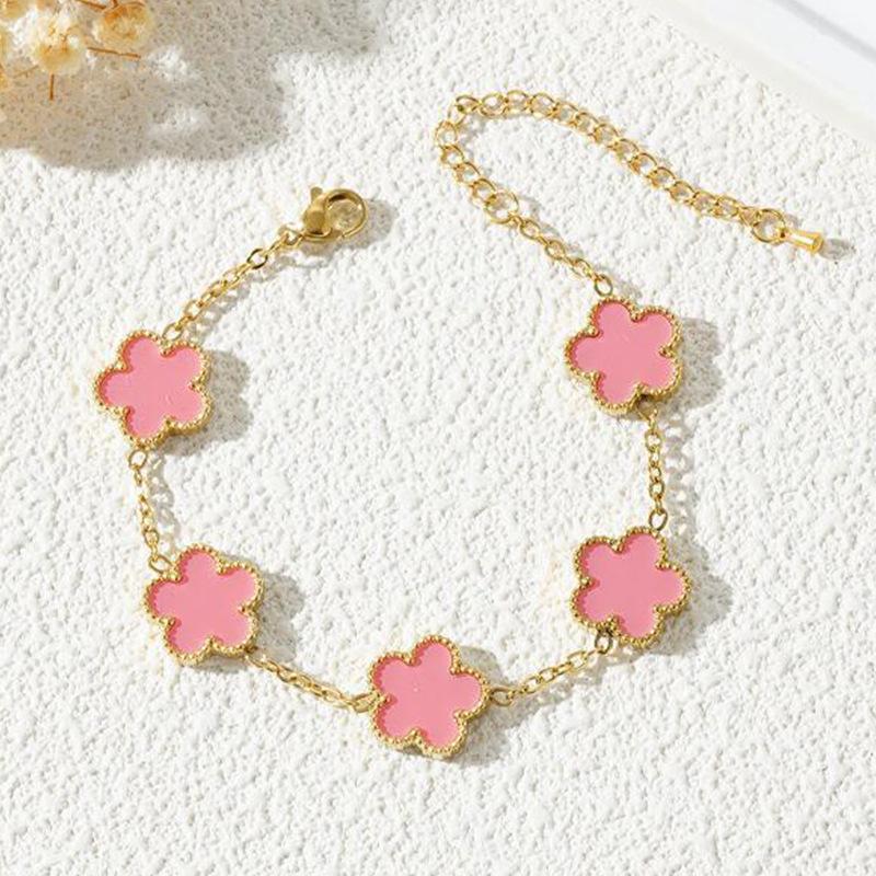 Lucky Five-Leaf Clover Beaded Bracelet for Women Classic Fashion Minimalist Gold Plated Stainless Steel Jewelry
