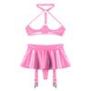 Women Shiny Leather Lingerie Set Cupless Bra Top with Ruffle Built-in Thongs Garter Mini Skirt for Party Clubwear Sexy Outfits