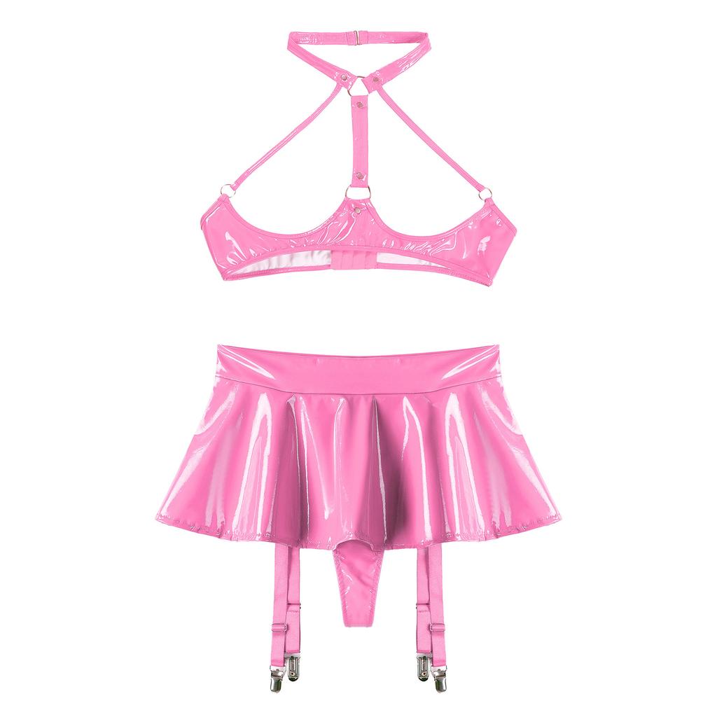 Women Shiny Leather Lingerie Set Cupless Bra Top with Ruffle Built-in Thongs Garter Mini Skirt for Party Clubwear Sexy Outfits
