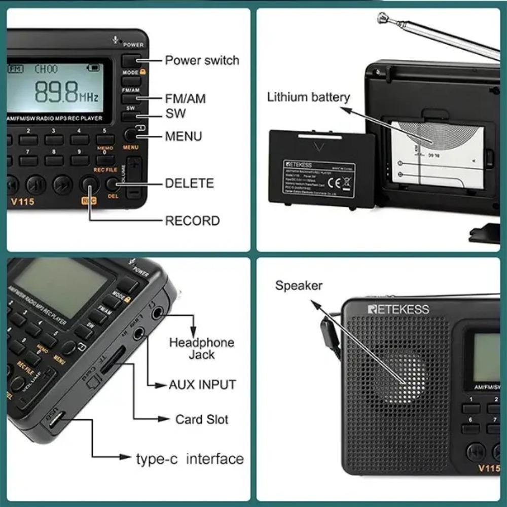 V115 Radio FM AM SW Portable Radios Rechargeable Shortwave Radio Batteries Full Wave USB Recorder Speaker for Elders