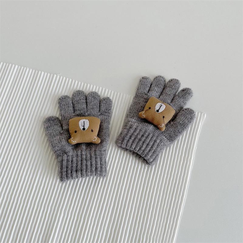 Mignons Gants d'Hiver pour Bébé Ours Couleur Unie Tricotés Doigts Entiers Gants Enfants Garçons Filles Moufles Chaudes d'Extérieur