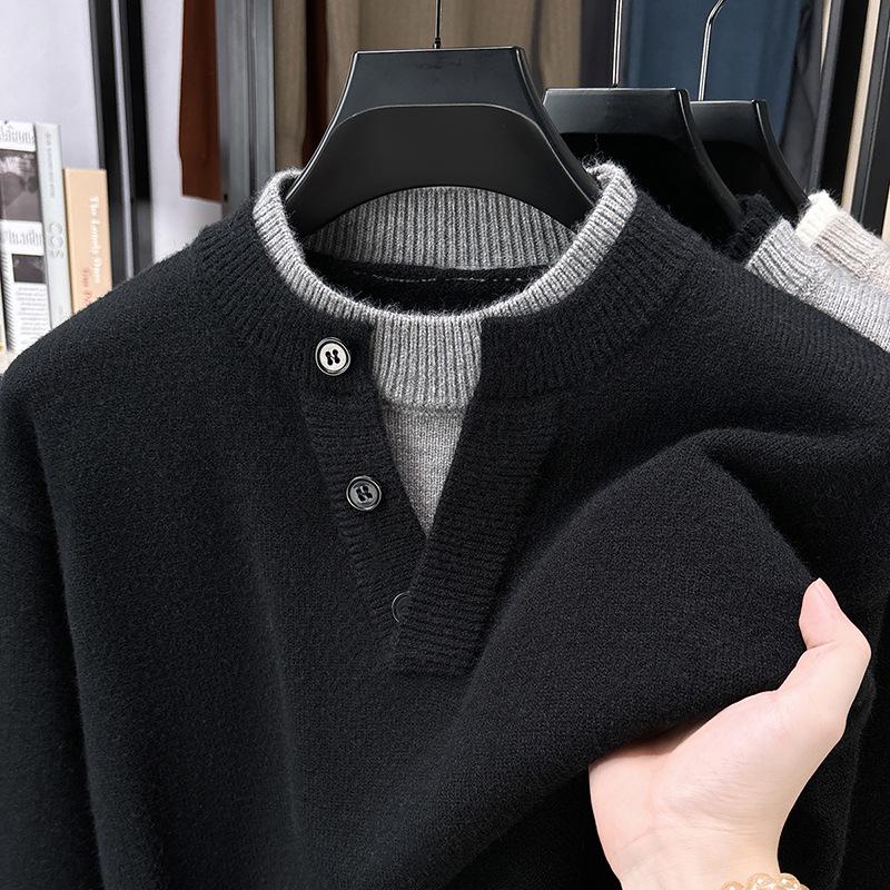 American Lazy Style Men's Patchwork Knitwear: Thick Warm Two-Piece Look Sweater for Autumn/Winter