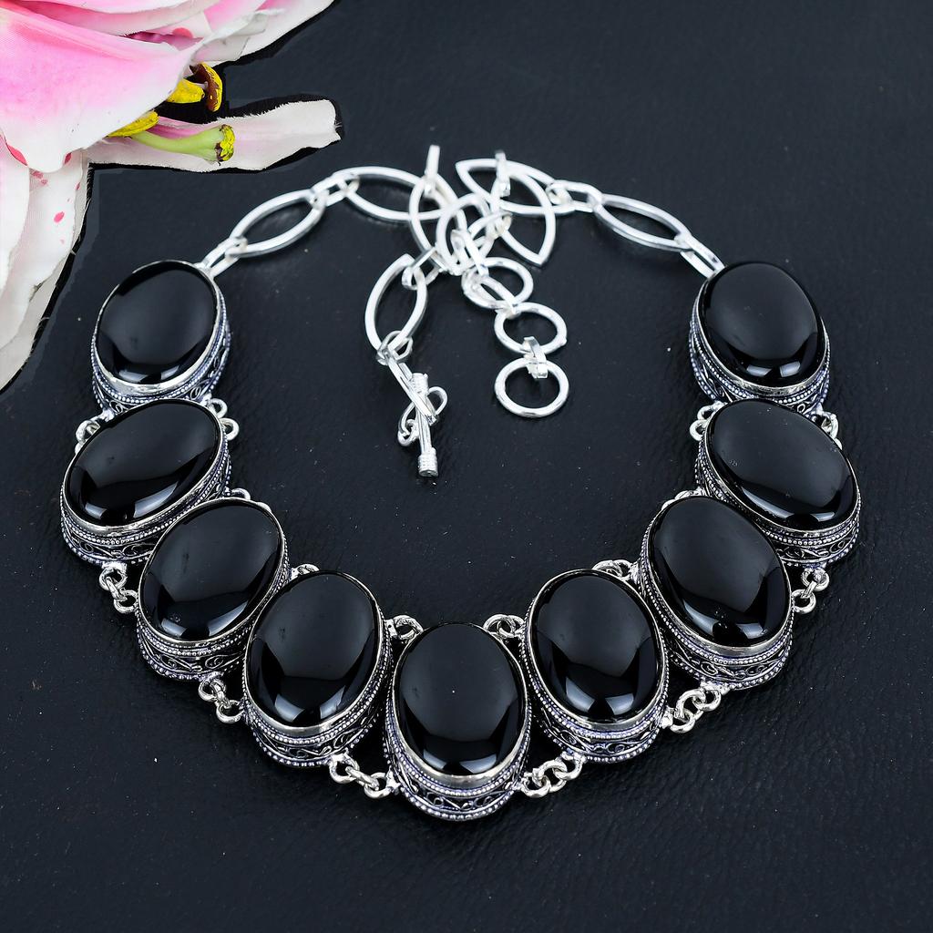 Black Onyx Gemstone Handmade 925 Sterling Silver Jewelry Necklace 18" KG-1647