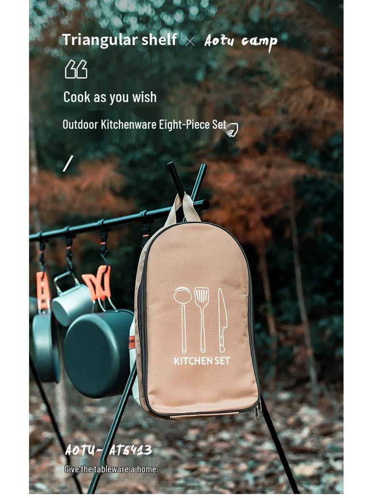 Portable Outdoor Cookware Set: Stainless Steel Cutlery, Storage Bag, and Cutting Board for Camping and Picnics.