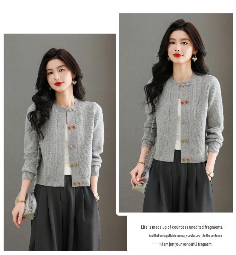 Women's Wool Knit Cardigan - Autumn 2025, Round Neck, Colorful Buttons, Short Sweater Coat