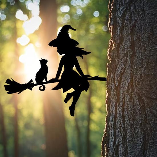 Yousheng Metal Witch And Cat Silhouette Stake Halloween Insert On The Branch Yard Art Decor Black Tree Stump Sign for Outdoor Patio Lawn Courtyard