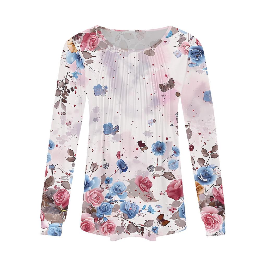 Long Sleeve Shirts For Women Tops Dressy Casual Blouses Pleated Scooped Neck Tunic Tops