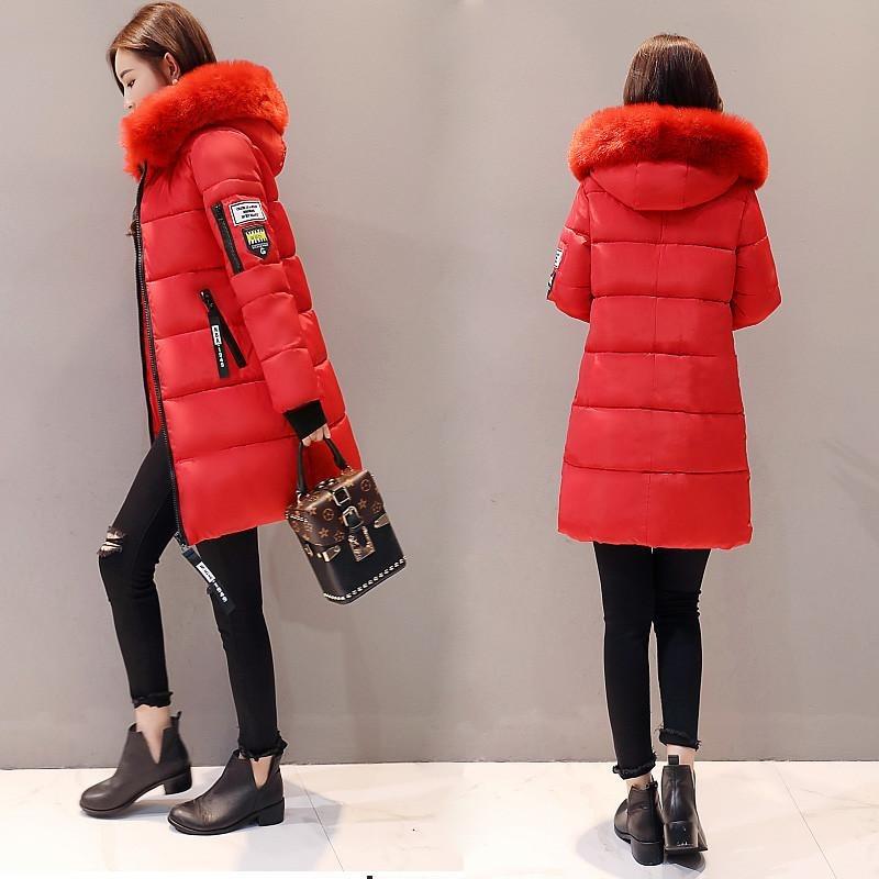 Women's Autumn Winter Fashion Casual Cotton Jacket Fur Collar Warm Thick Overcoat Slimming Long Hooded Parka Coats