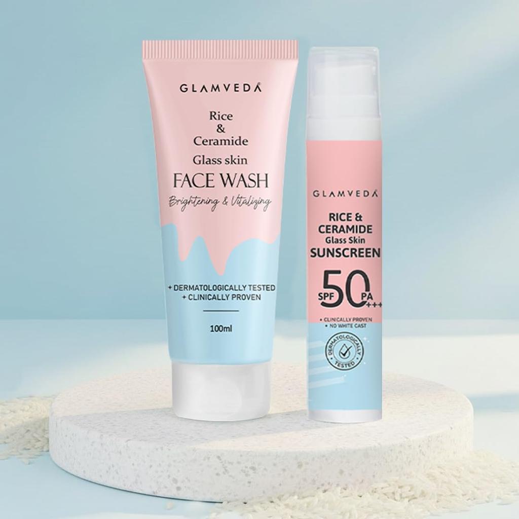Glamveda Korean Rice & Ceramide Face Wash & Sunscreen SPF 50 PA+++ Combo | Skin Brightening, Hydrating & Barrier Repair | For Dry & Sensitive Skin