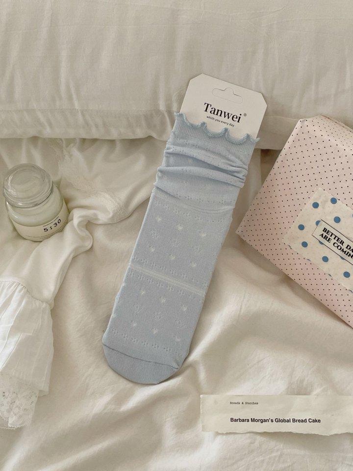 Ballet-Style Sweet Lace Mesh Mid-Calf Japanese Girl Socks - Spring Summer Thin Loose Design One Size синий