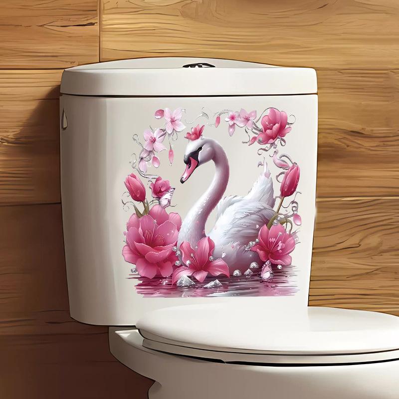 Pink Swan Decals Self Adhesive Toilet Lid Sticker Bathroom Decoration Water Tank Cover Decor