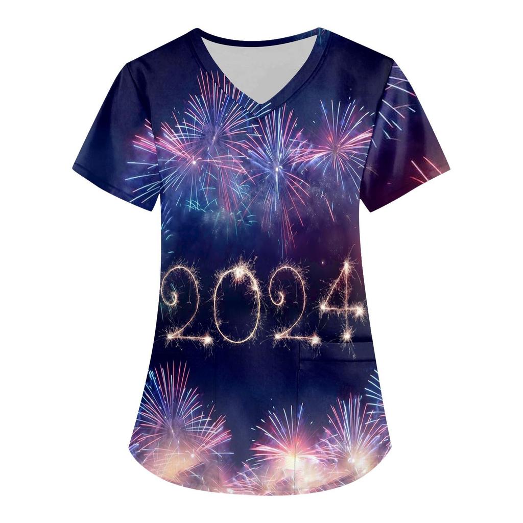 Damenmode 2024 Neujahr Bedruckte Kurzarm-Oberteile mit V-Ausschnitt und Mustertasche Arbeits-T-Shirts