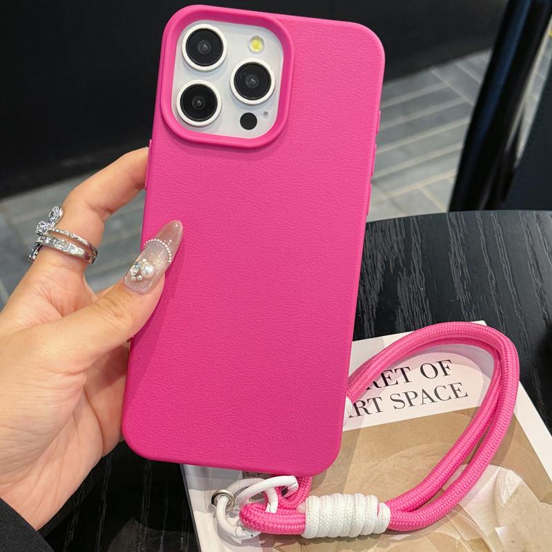 Kožená textura Lanyard Pouzdro na iPhone pro iPhone 12-17 s ručním popruhem, Jednobarevné