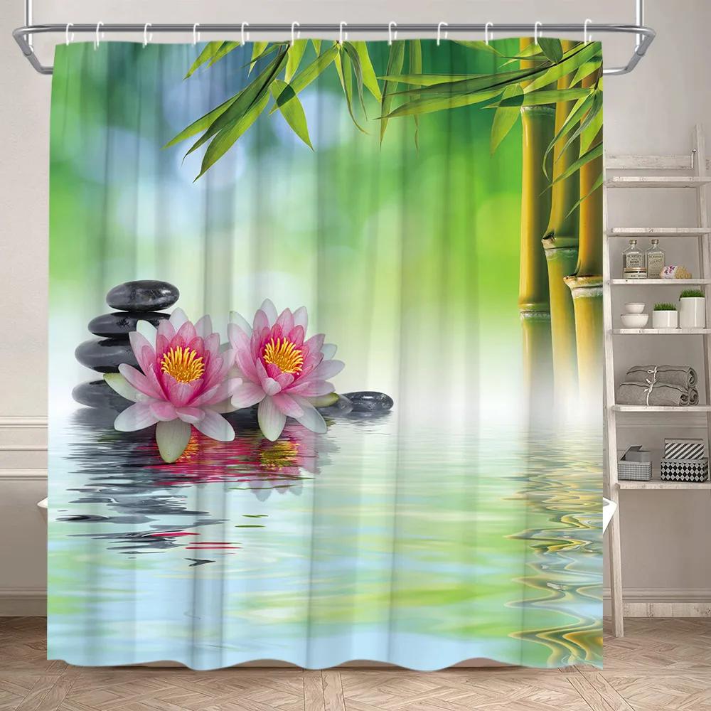 Zen Shower Curtain Landscape Green Bamboo River Lotus Stone Purple Orchid Plant Leaf Polyester Fabric Bathroom Decor Curtain