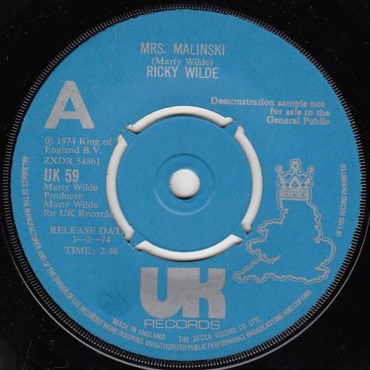 

7inch Record RICKY WILDE - Mrs. Malinski UK59 UK Records 1974 UK Rock Used
