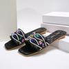 Fashion Female Bling Luxury Slippers Women's Rhinestone Wide Strap Square Toe Slippers Flip Flops Flat Sandals Ladies Slippers Shoes