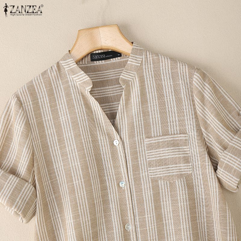 ZANZEA Women Casual V-Neck Summer Short Sleeve Stripe Blouse