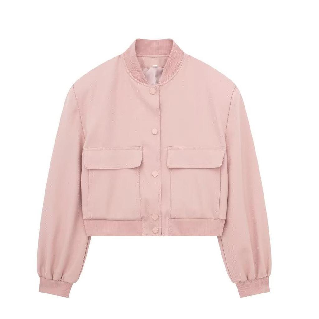 Summer 2024 Women's European-American Style Bomber Jacket with Large Pockets