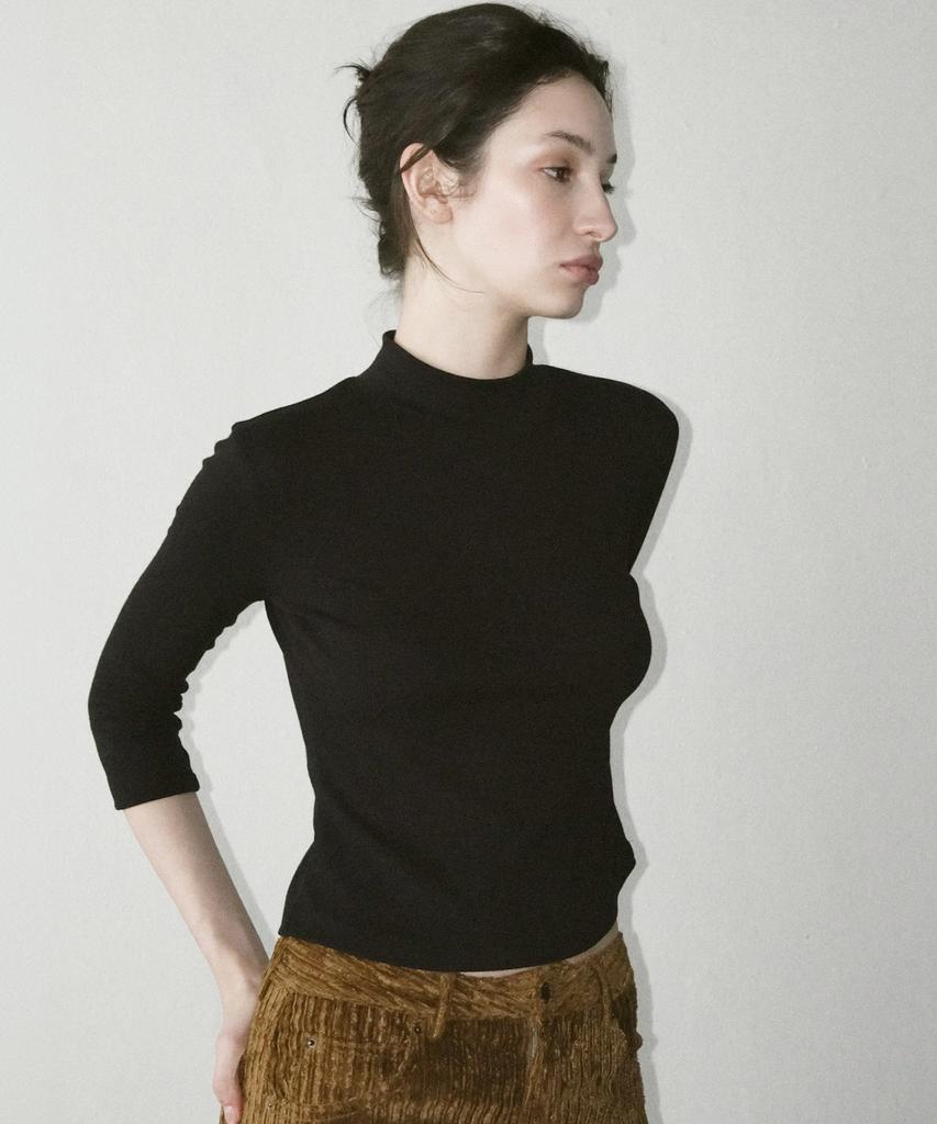 LMOOD WOMEN Carolyn Mock Neck 3/4 T-Shirt Black