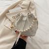 Floral Lace Drawstring Bucket Bag, Pearl Decor Handle, Metal Chain Strap, Chinese Style Small Crossbody Purse, Elegant Women Evening Handbag