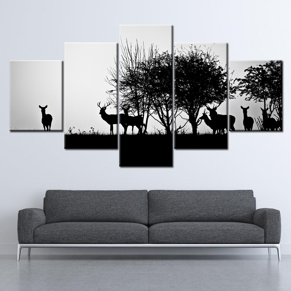HD Prints Canvas Wall Art Home Decor Pictures 5 Pieces Black silhouette of a hunter and dog in the forest Posters