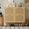 Schuhschrank mit 4 Klappschubladen, Rattan mit Metallgriffen, für Flur, Schlafzimmer, Wohnung, Landhausstil, Maße: 100 x 25 x 90 cm