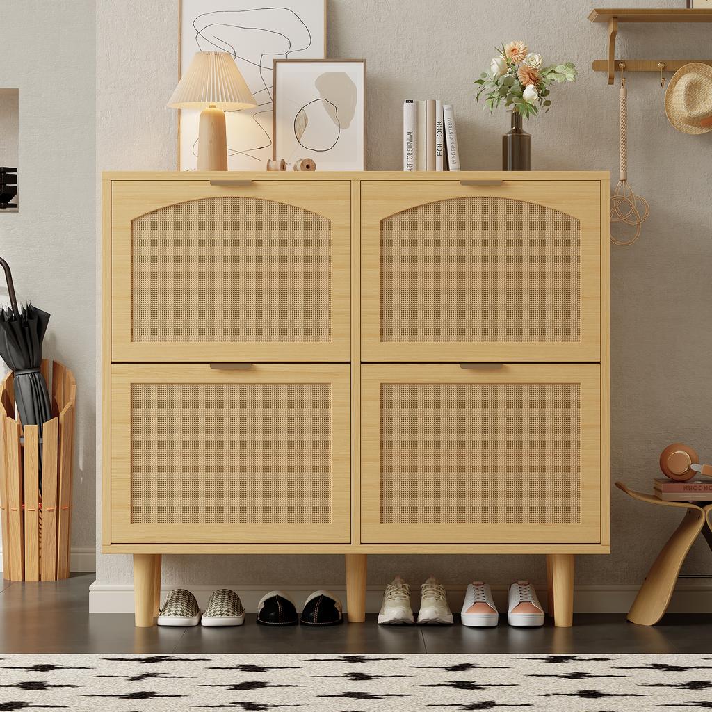 Schuhschrank mit 4 Klappschubladen, Rattan mit Metallgriffen, für Flur, Schlafzimmer, Wohnung, Landhausstil, Maße: 100 x 25 x 90 cm