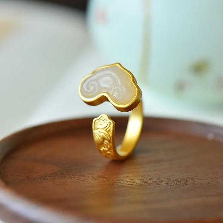 Gold-plated Adjustable Ring With Imitation Hetian Jade Jade Ruyi And Auspicious Cloud Design