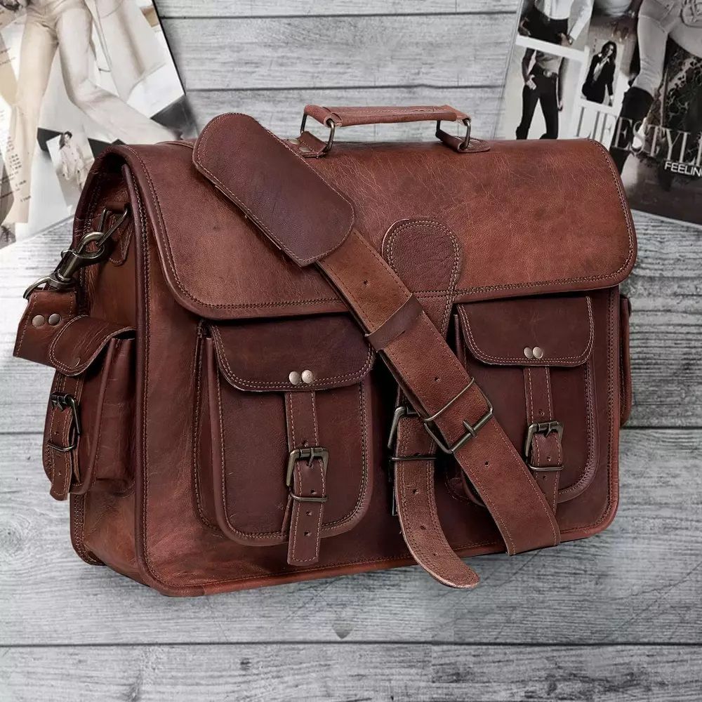 Goat Leather Bag Genuine Messenger Laptop Men's Satchel Real Brown Briefcase