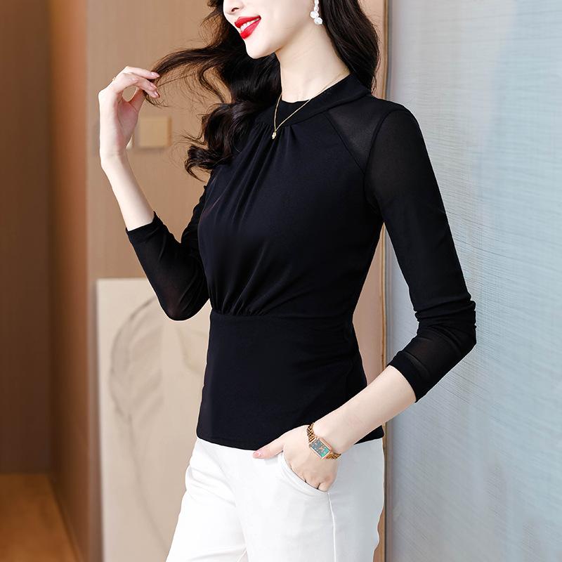 Half Turtleneck Mesh Base Shirt for Women's Autumn New Style Waist-hugging and Slimming Inner Pullover Long-sleeved T-shirt Top