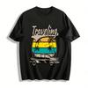 Vintage Travel Themed Coconut Tree Classic Car Print Casual T-Shirt Pure Cotton T-shirt