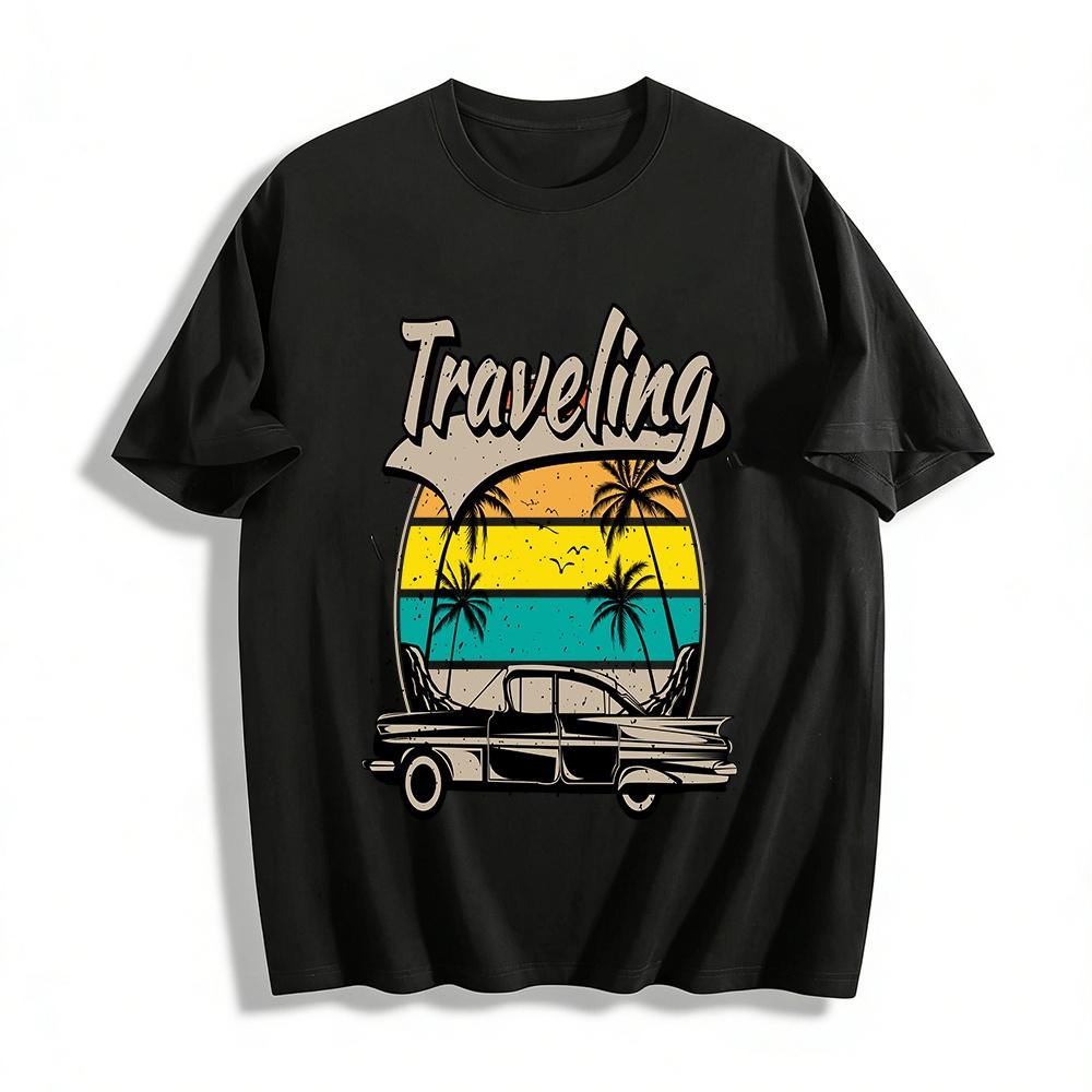

Vintage Travel Themed Coconut Tree Classic Car Print Casual T-Shirt Pure cotton T-shirt XXS