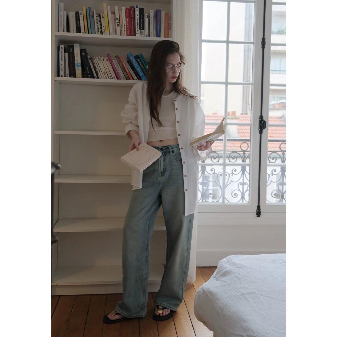 Spring 2026 Korean Retro Distressed Loose Wide-Leg Boyfriend Jeans L