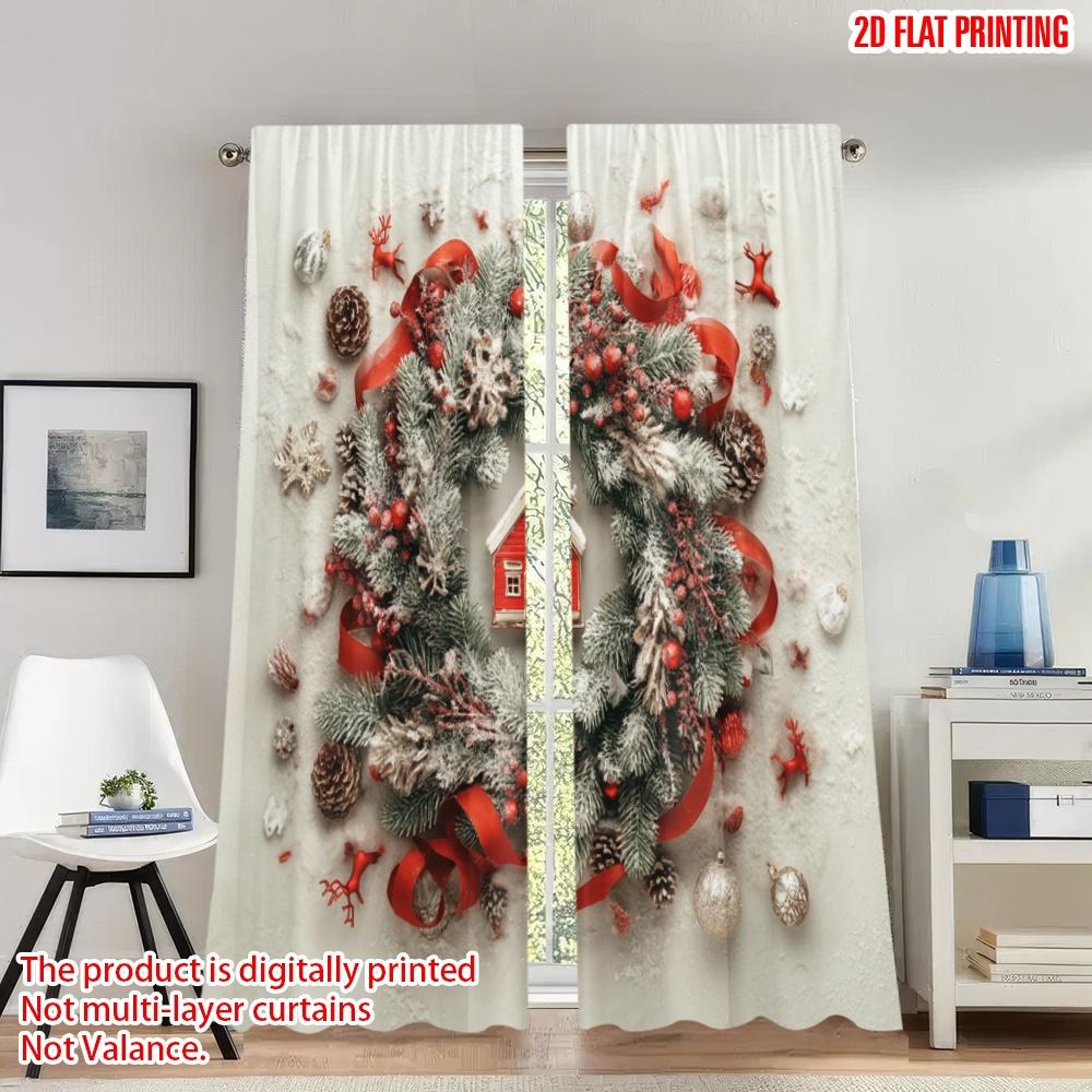 

2pcs 2D flat printing Fashionable Christmas Curtains Christmas House Red Ribbon Fir Digital Printed Polyester Drapes Spring Use 100*130 Grommet Top 1pcs