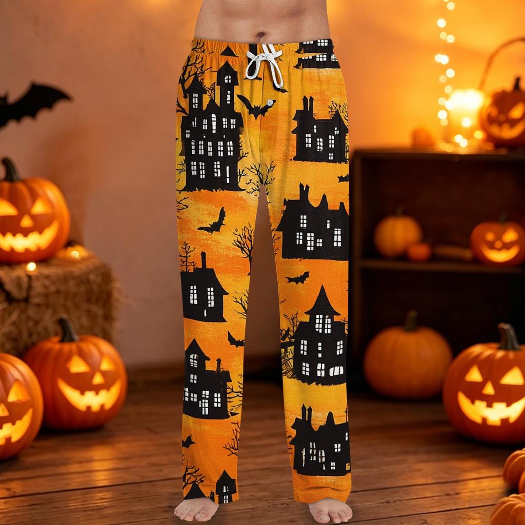 Men's Halloween Printed Drawstring Lounge Pants Casual Sleepwear Long Trousers with Adjustable Waistband and Button Fly