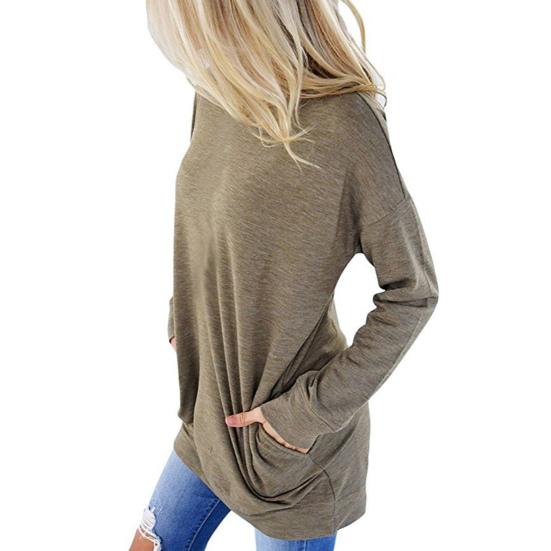 חולצת טי-שירט רפויה לנשים, צבע אחיד, שרוולים ארוכים, עם כיסים, טוניקה רפויה, סתיו