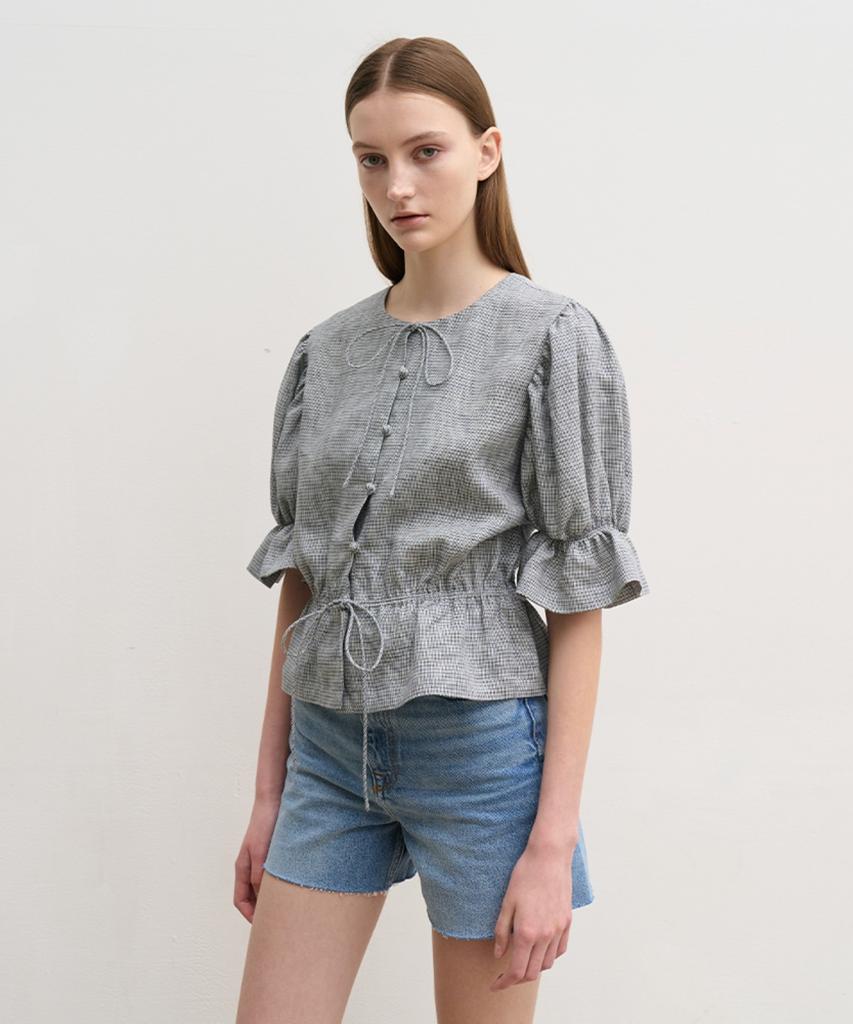 Hiloin Linen Blend Shirred Waist Blouse (Gray)