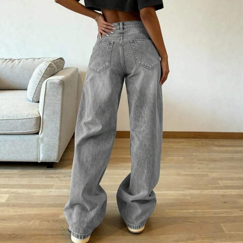 Womens High-Waisted Wide-Leg Straight Cut Denim Pants Loose Fit Street Style 2026