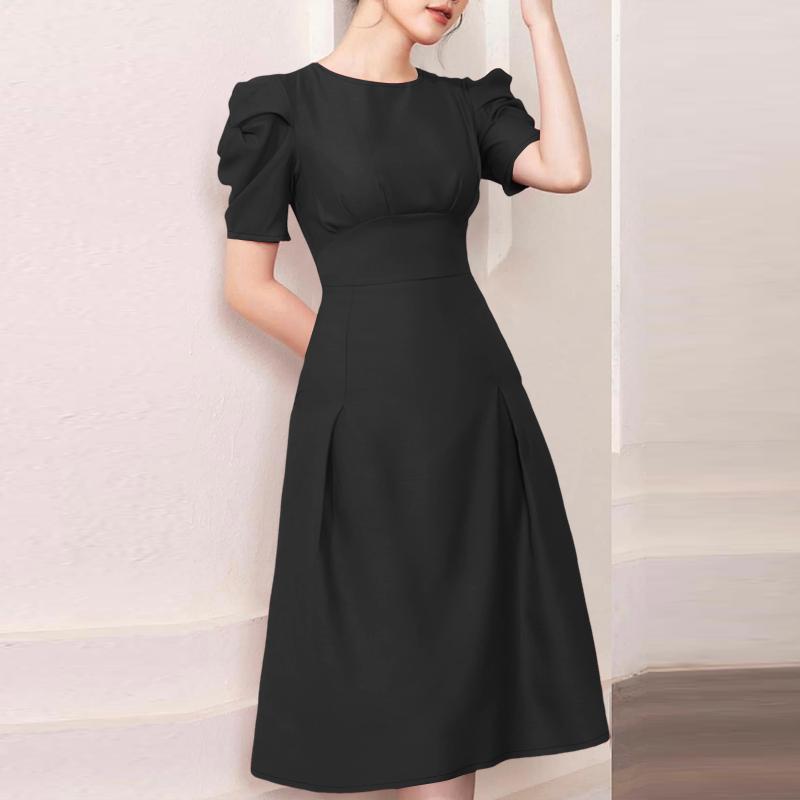 ZANZEA Women Casual Round Neck Puff Short Sleeve A-line Dress S чёрный