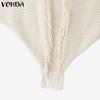 VONDA Women Long Sleeve Fluffy Tassel Splicing Open Front Casual Knitted Sweaters Cardigans
