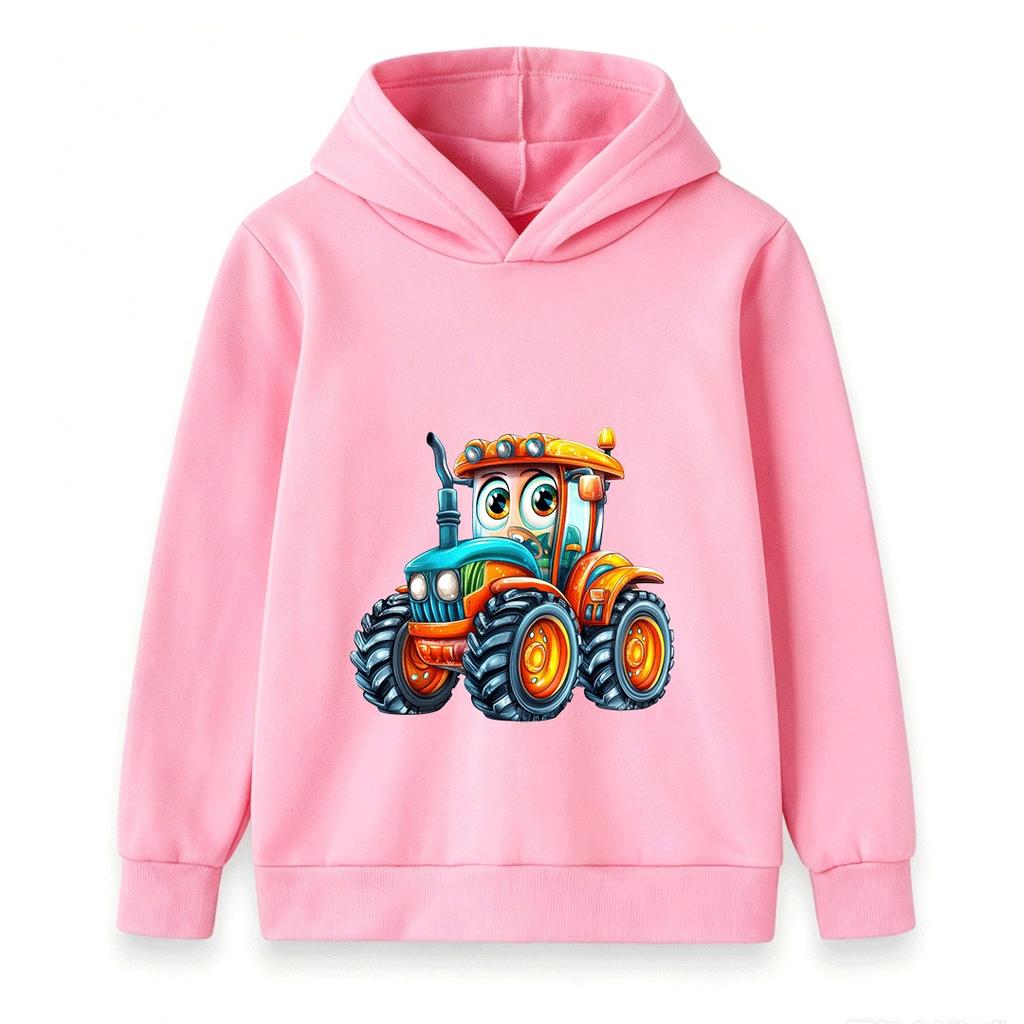 Kids Cartoon Tractor Print Hoodie Boys Girls Casual Long Sleeve Pullover Sweatshirt Cute Vehicle Pattern Children Top Coat