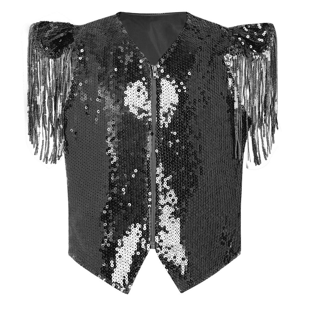 Boys Sequined Patchwork Vest Tassels Cap Sleeves V Neckline Stage Performance Waistcoat