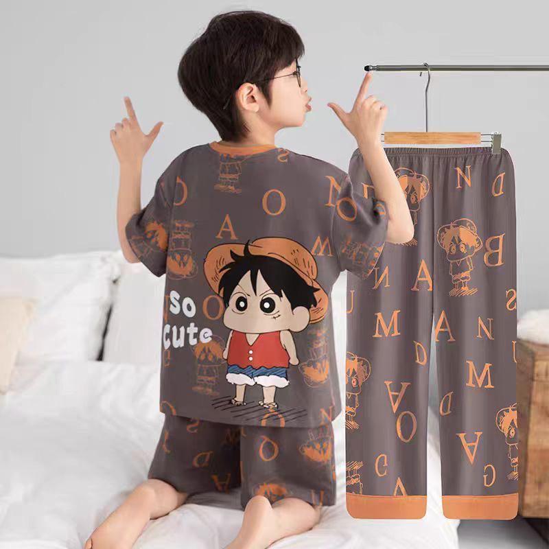 Children's Summer Pajama Set: 3-Piece Short-Sleeve Top, Long Pants, Boys' Medium & Large Air Conditioning Suit