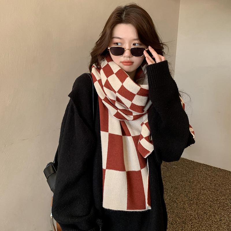 Large Checkerboard Scarf for Women in Autumn and Winter Black and White Plaid Korean Style All Match Winter Warm Long Scarf